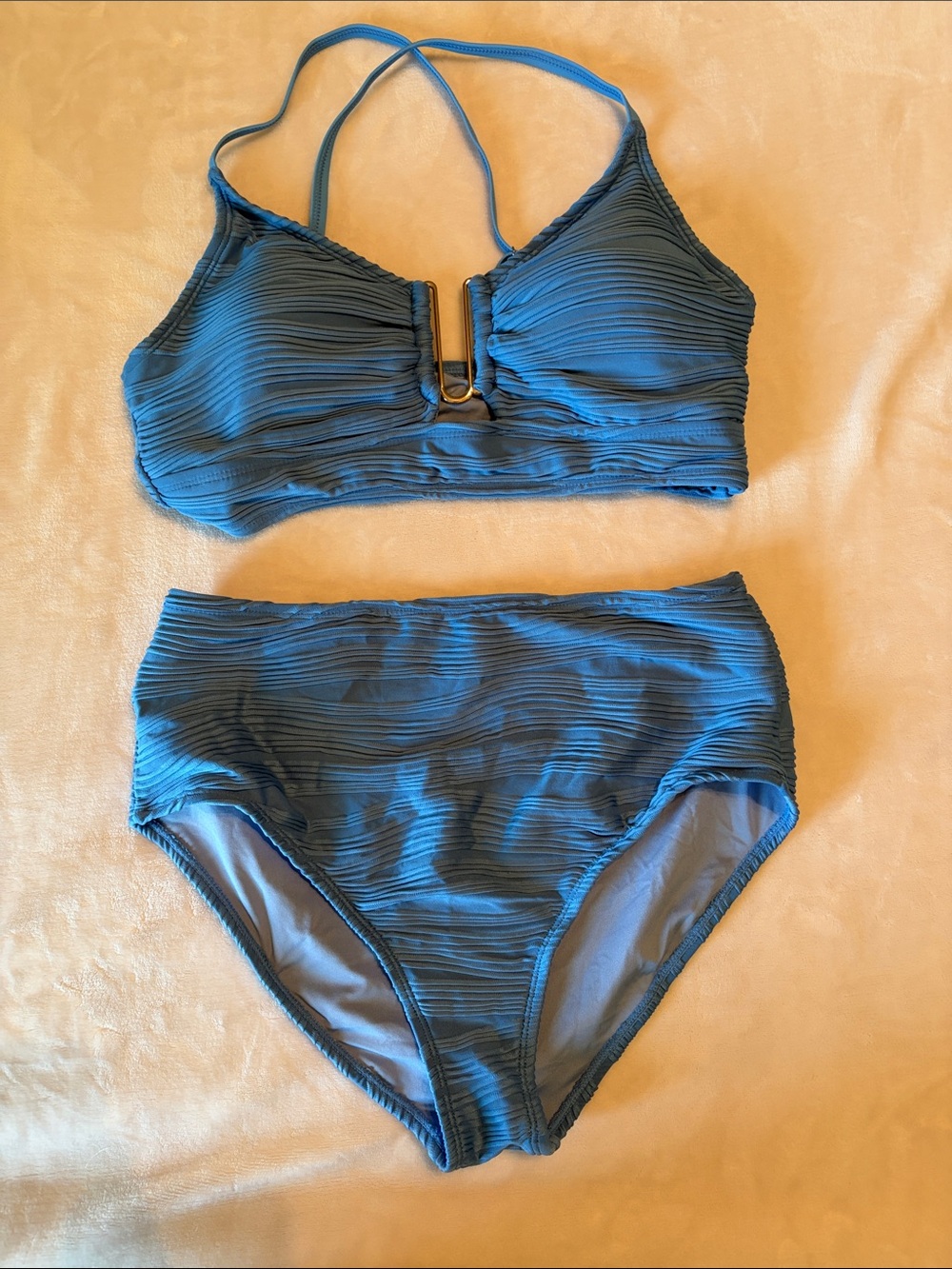 Textured Teal High-Waist Bikini Set